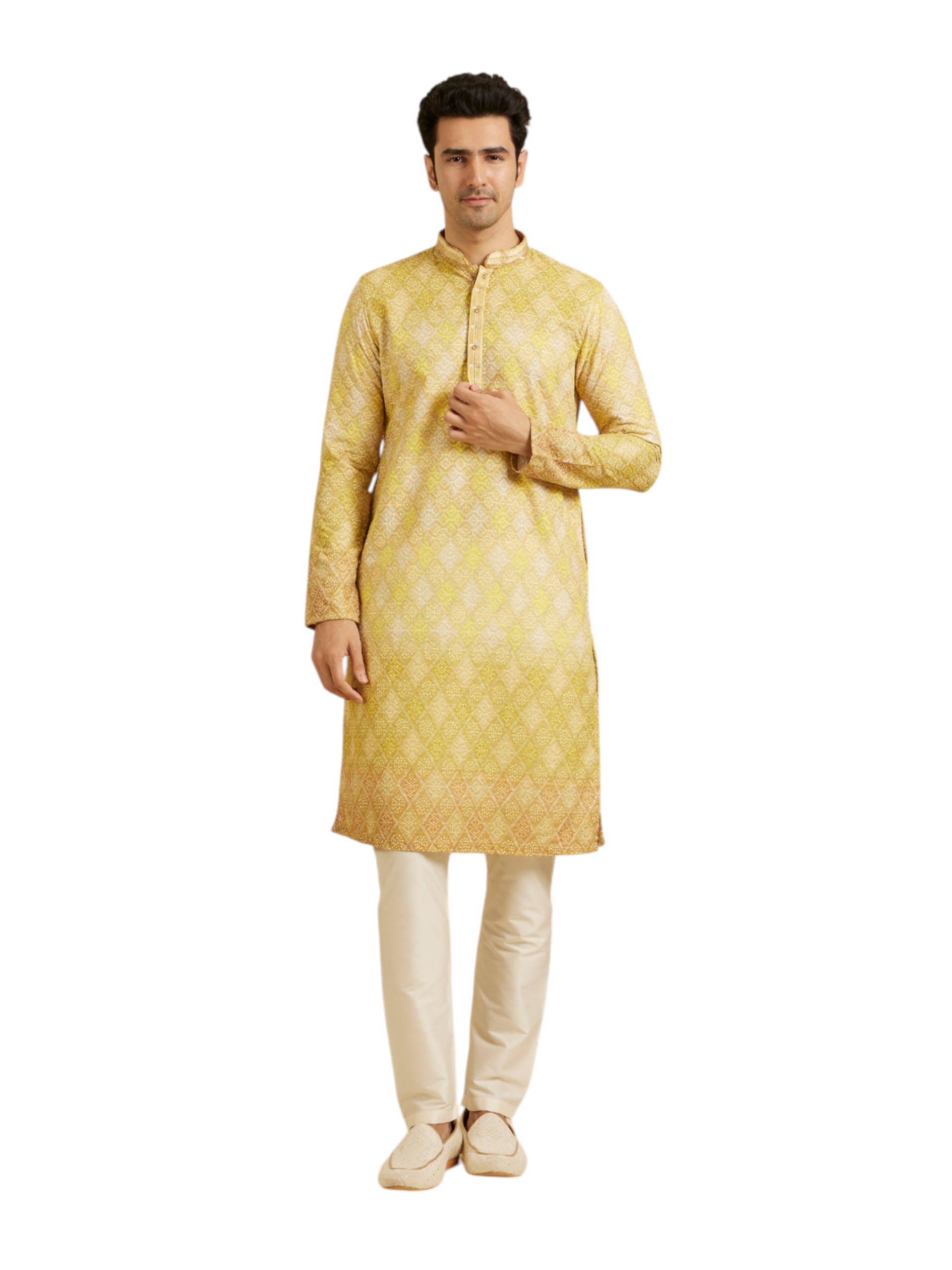 Manyavar Mens Cotton Blend Chikankari Bandhani Print Kurta Pyjama Set (Yellow,XL)