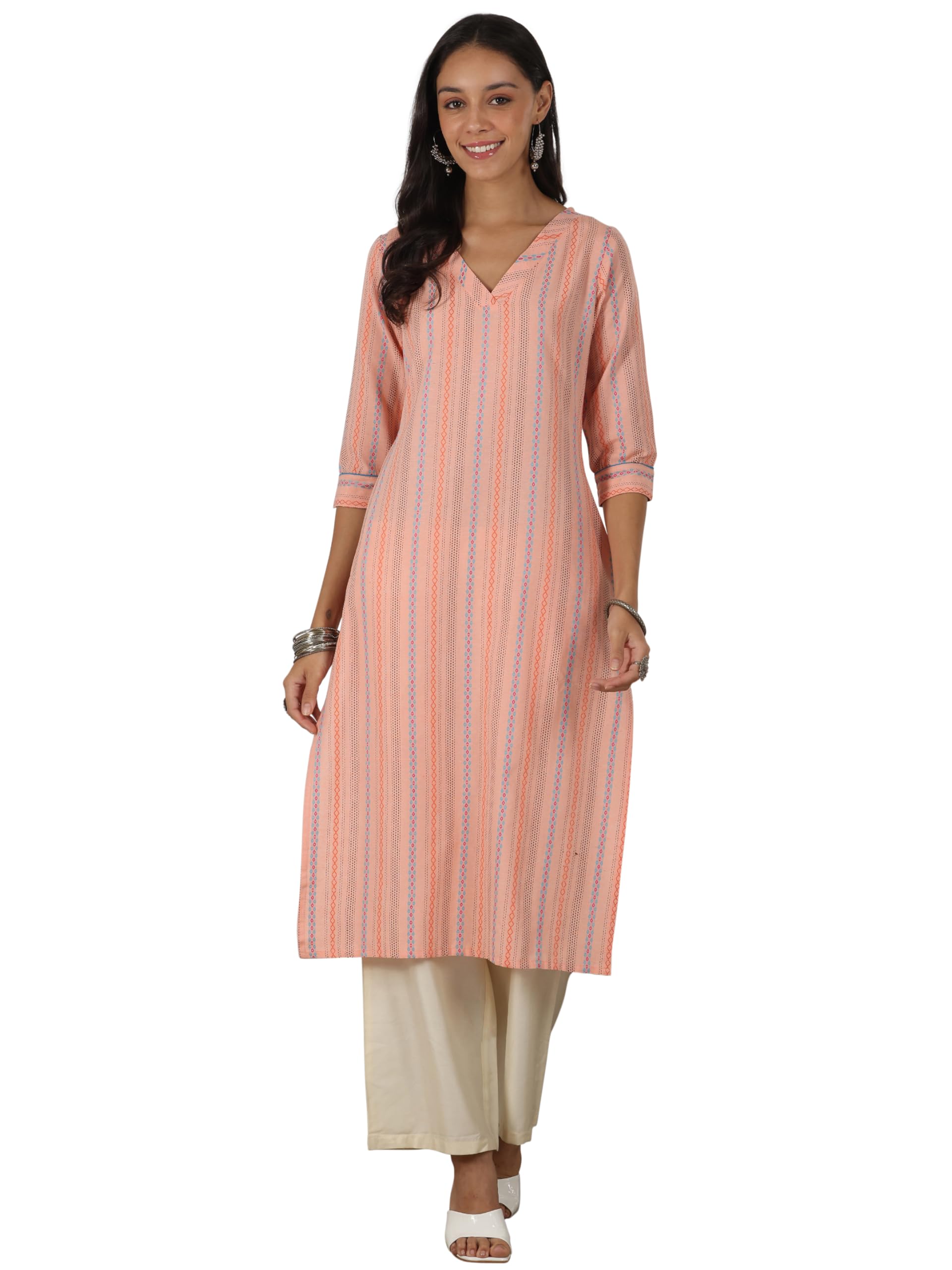 Libas Womens Woven Design Cotton Straight Kurta For Women Peach