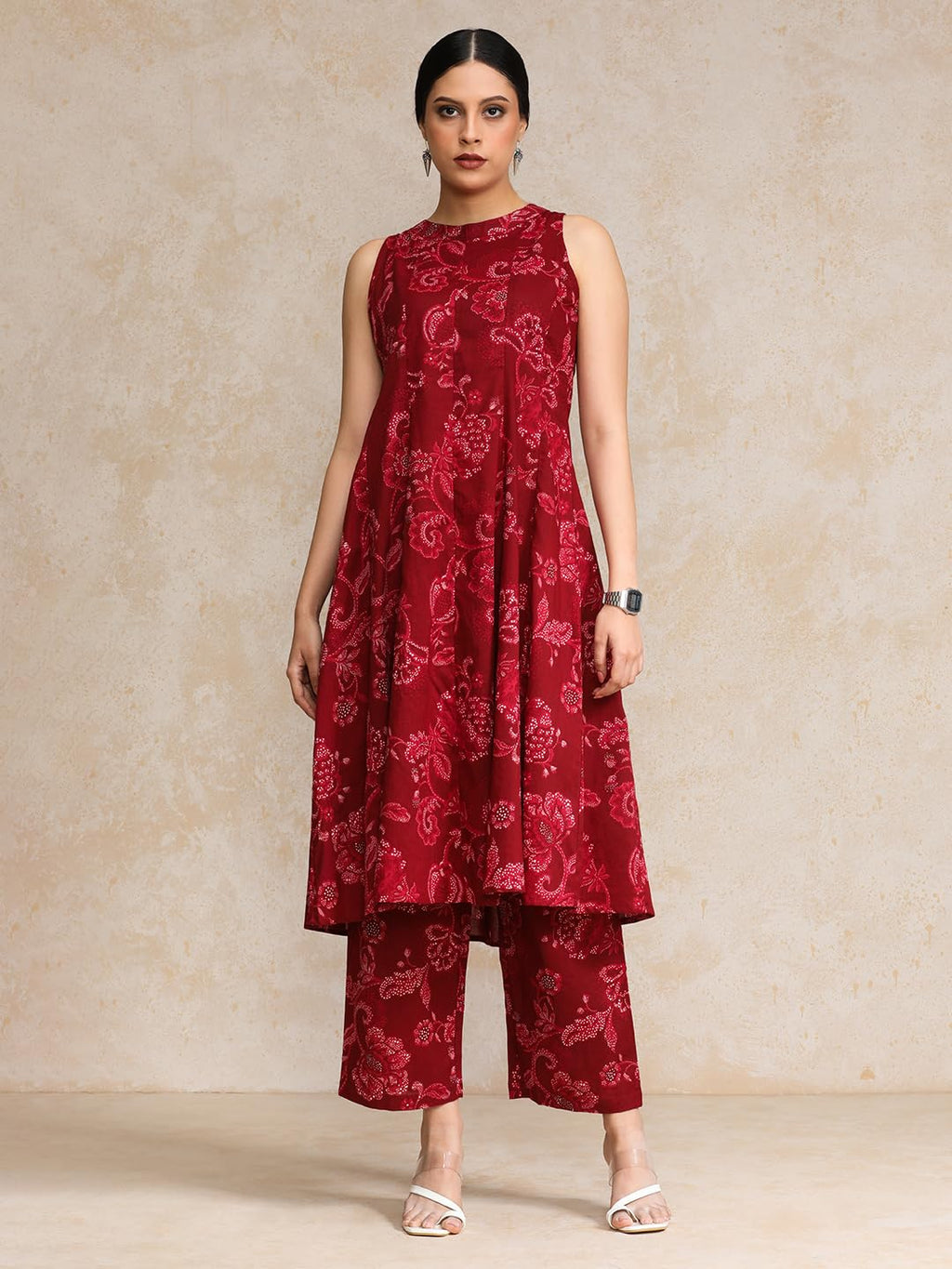 Varanga Floral Printed Halter Neck Anarkali Kurta With Trouser