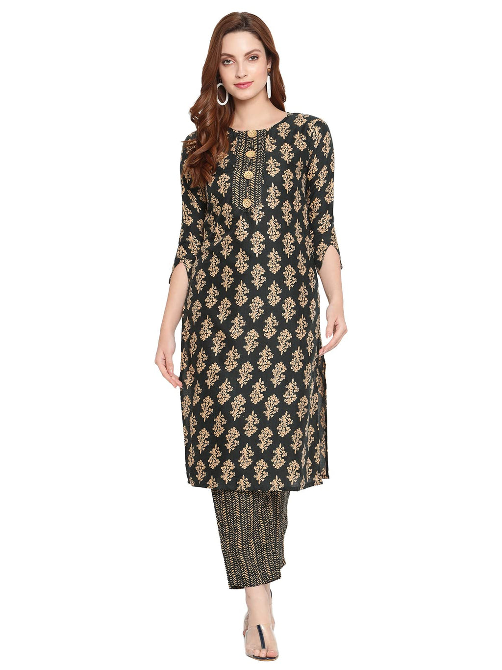 Shasmi Women'S Bottle Green Cotton Straight Kurta With Checkered Trouser (Kurta 26 Bottle Green L)
