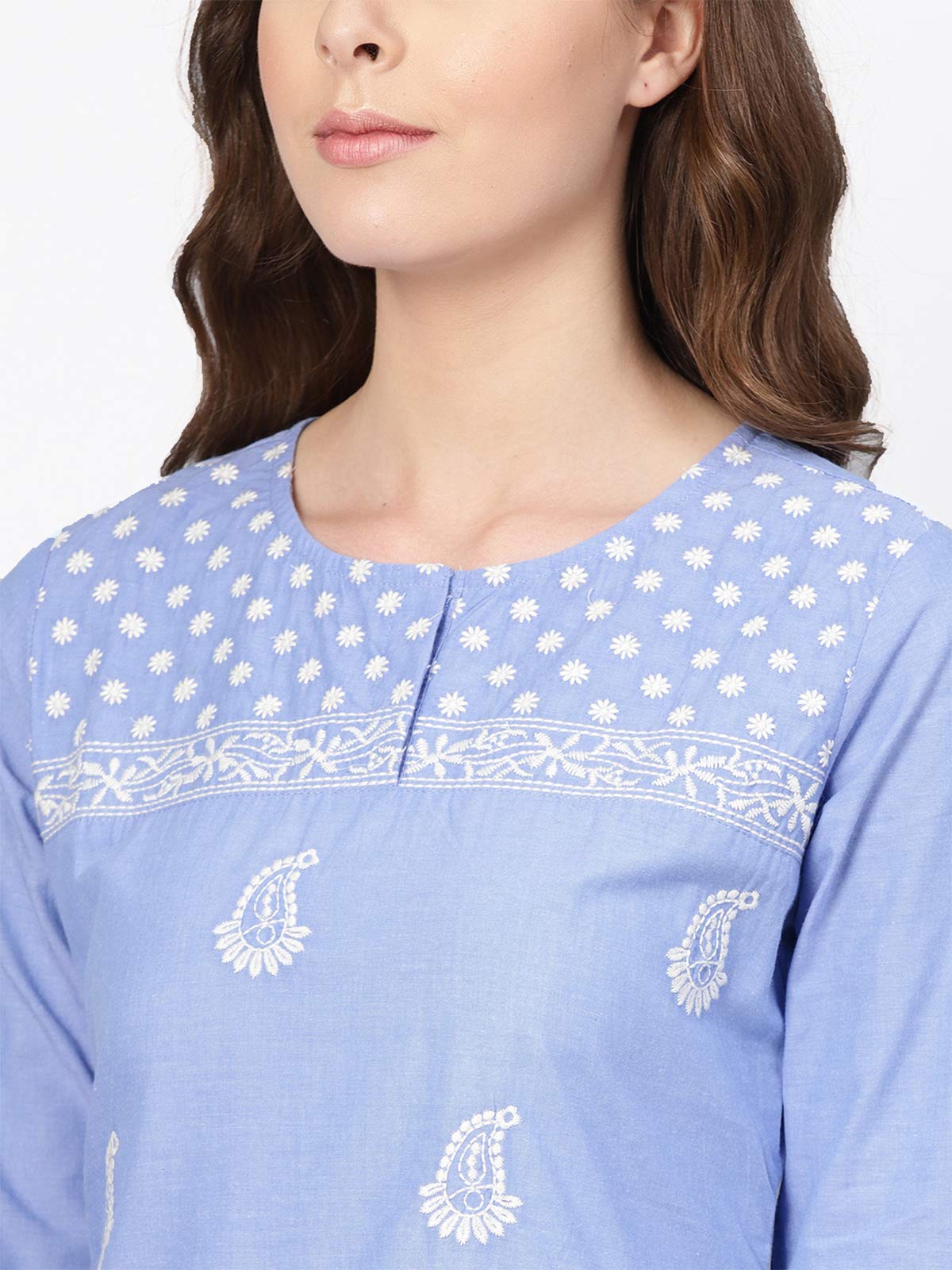 Ishin Women'S Pure Cotton Blue Embroidered & Thread Work A-Line Kurta Suit Set With Palazzo