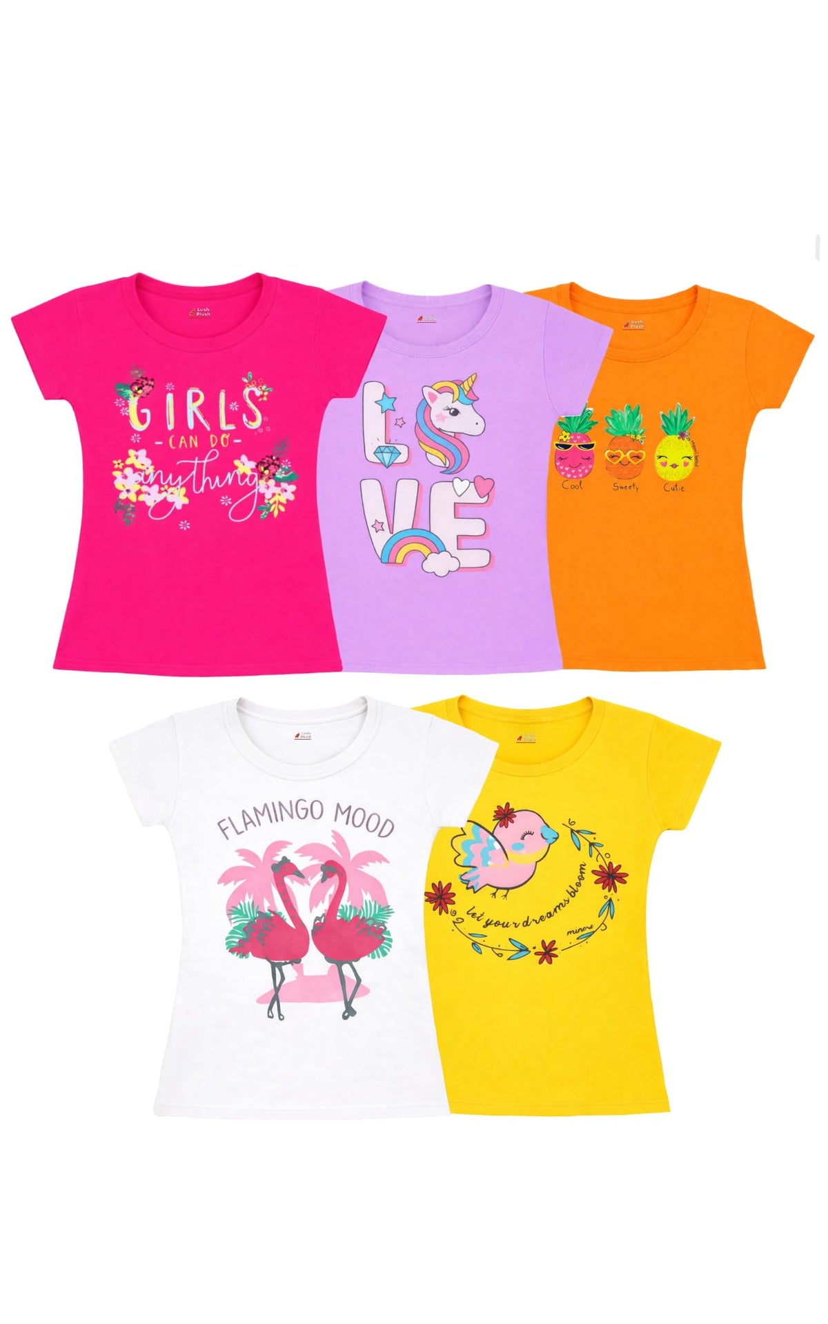 Lush Plush Baby Girls Cotton Half Sleeves Printed TShirt | All Day Comfort, Lightweight, Breathable | (Pack of 5) (1824 Months 18-24