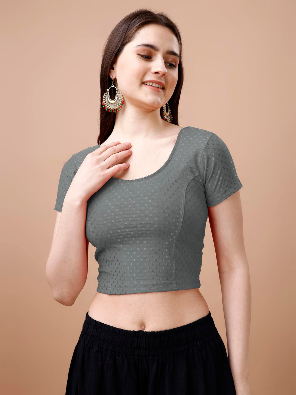 Pujia Mills WomenS Readymade Dobby Cotton Lycra Stretchable Round Neck Short Sleeve Blouse Fancy Grey Color Lycra Stretchable B