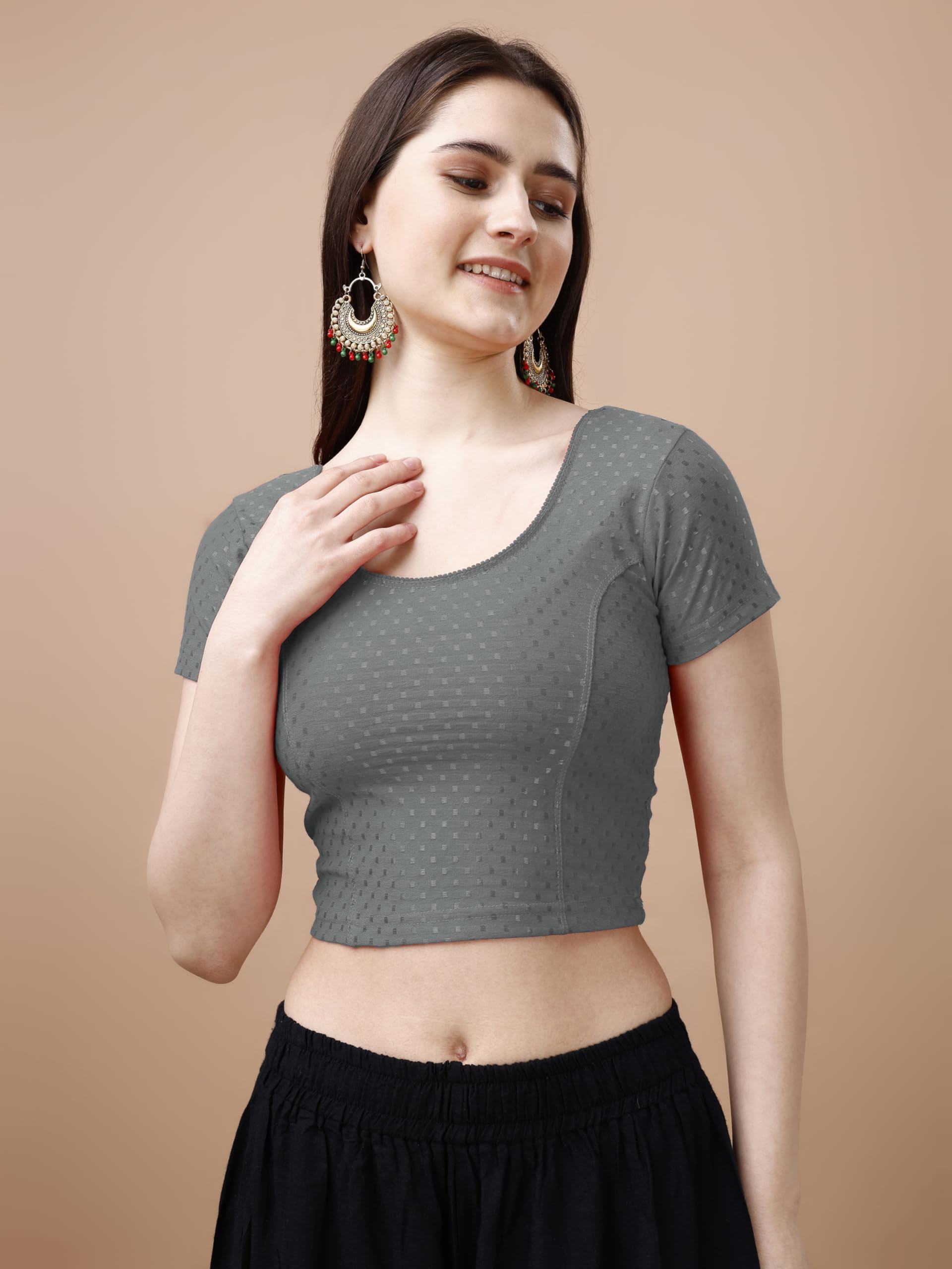 Pujia Mills WomenS Readymade Dobby Cotton Lycra Stretchable Round Neck Short Sleeve Blouse Fancy Grey Color Lycra Stretchable B