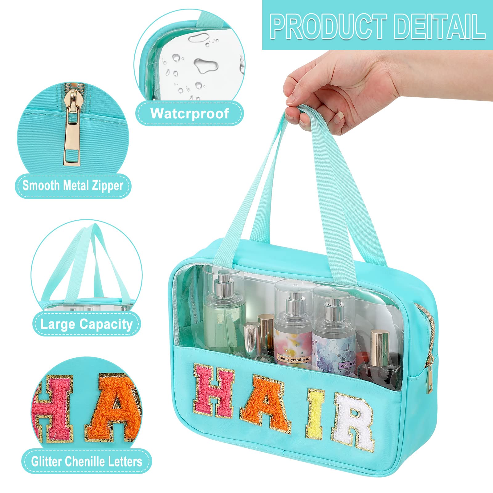 Chenille Letter Patch Clear Bag,Preppy Multi-purpose PVC&Nylon Clear Makeup Bag with Handles,Large Travel Makeup Toiletry Storag