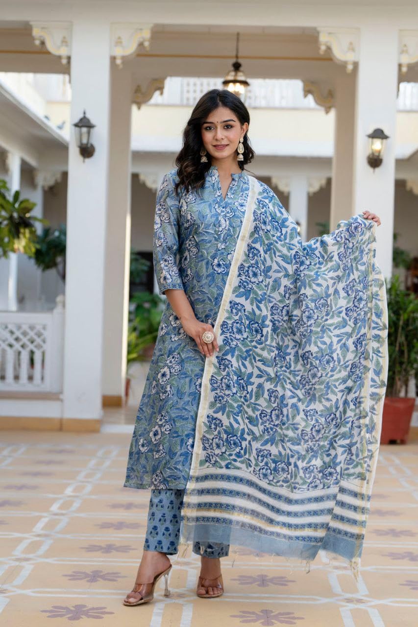 Modestouze Attires WomenS Rayon Blend Floral Printed Salwar Suit Set | V Neck 3/4 Sleeve Calf Length Kurta And Dupatta With Pri