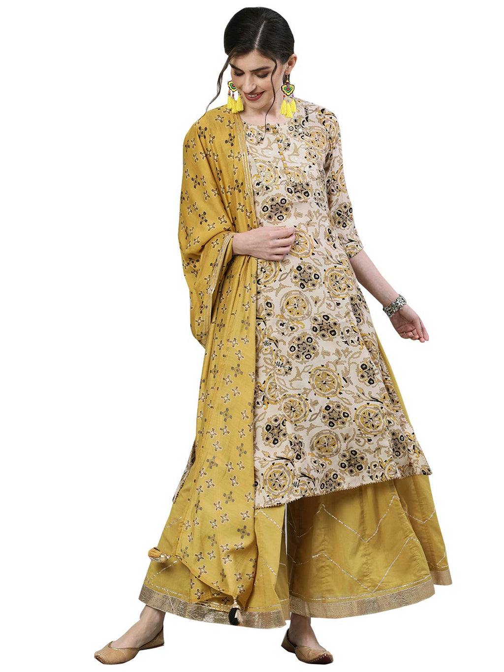 Ishin Women'S Rayon Off White & Mustard Zari Embellished A-Line Kurta Set With Sharara And Dupatta