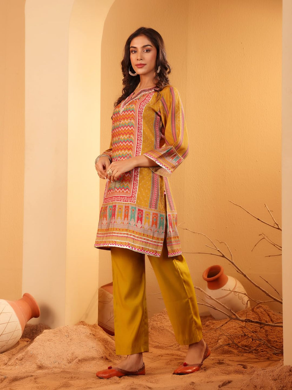 Varanga Women Mustard Ethnic Printed Straight Kurta With Trousers  Cotton Set For Casual Outings, Stylish Design For All Occasio