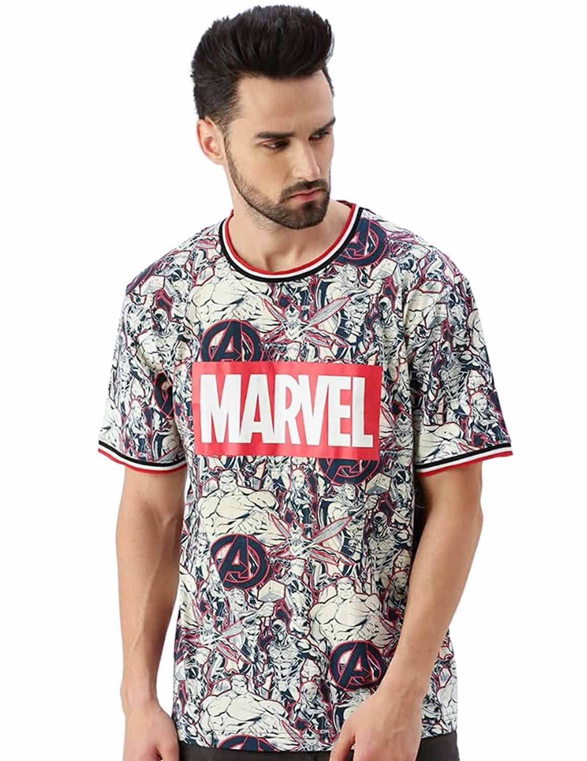 Veirdo Men's Original Marvel Avengers Typography Printed Oversized Short Sleeve Baggy Cotton Loose Fit T-Shirt