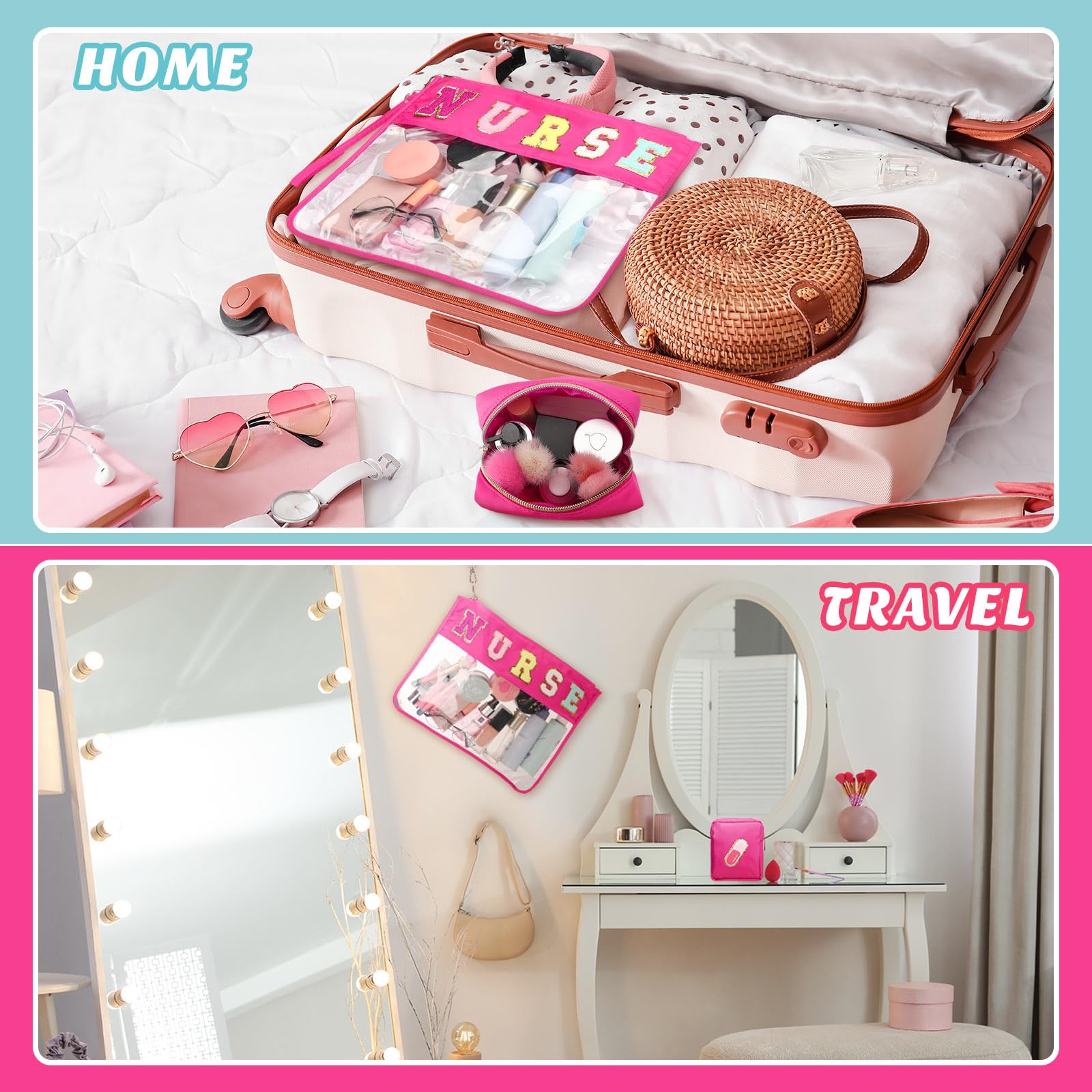 Hillban 2 Pcs Nurse Gifts Chenille Letter Bags Nurse Makeup Bag Nurse Survival Kit Bag Clear Cosmetic Toiletry Pouch Waterproof