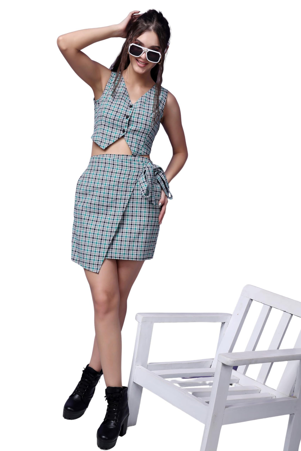 Popwings Casual Checks Print Sleeveless Vest Crop Top And Wrap Skirt Set For Women | Cute Vest Top And Short Wrap Skirt Set For 