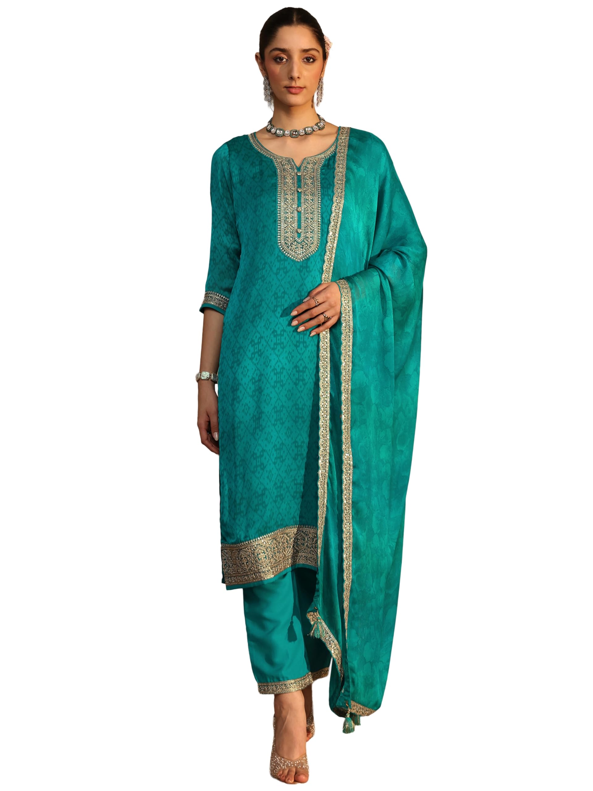Libas Printed Chiffon Straight Kurta With Trousers And Dupatta-93074Xxl