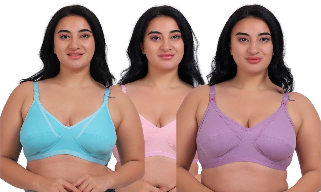 Fabme WomenS Cotton Wire Free Casual Nursing Bra (Pack Of 3) (Po3-Br_14_Seagreen, Lavender, Pink