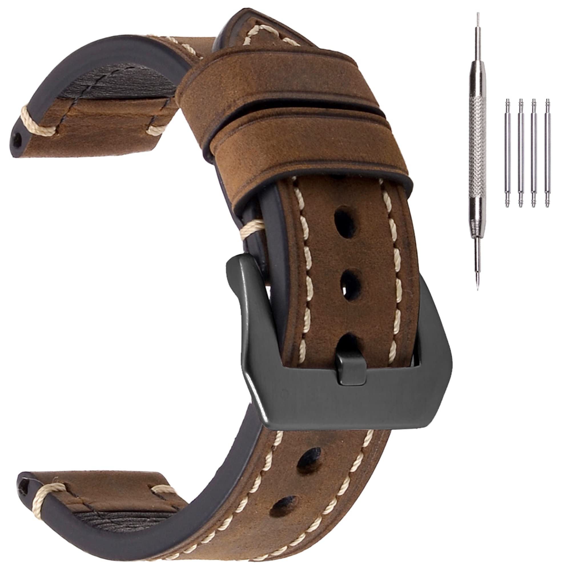 EACHE Mens Leather Watch Bands, Crazy Horse Leather Watch Strap 24mm Dark Brown with Black Buckle