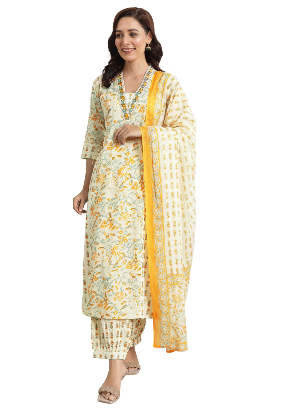 Libas Womens Printed Cotton A-Line Kurta With Salwar And Dupatta