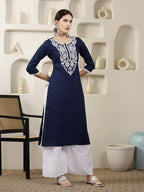 Stylum Women'S Solid & Embroidered Rayon Straight Chicken Kurta (Blueblast_Navy Blue)