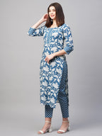 ANNI DESIGNER Womens Cotton Blend Printed Straight Kurta with Pant (Pustak Blue-GNw_3XL_White/Blue_XXX-Large)