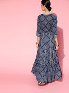 Ishin Women'S Cotton Blend Blue Embroidered Anarkali Bandhani Kurta