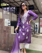 ANNI DESIGNER Women s Printed Rayon Blend Kurta with Pants and Dupatta, purple, XL