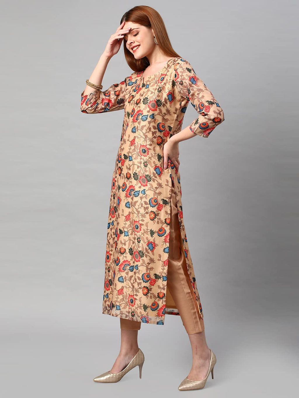 ANNI DESIGNER Womens Cotton Blend Floral Printed Straight Kurta with Pants & Dupatta (MADHUBANI-Beige_M_Beige_Medium)
