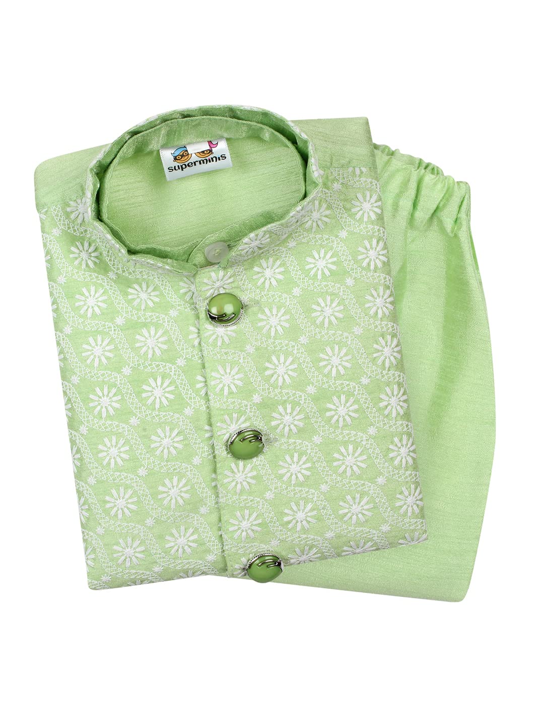 Superminis Baby Boys Silk Kurta Pyjama Set With Chikankari Nehru Jacket (1824 Months, Green) 18-24