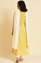 W For Woman Yellow Cotton Floral Printed Flared Kurta
