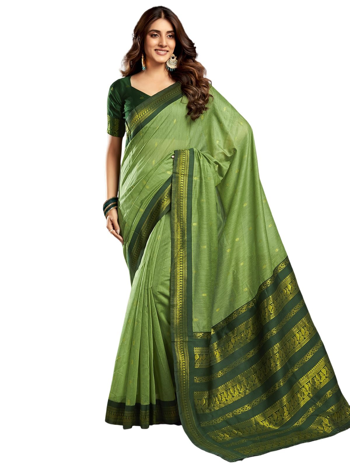Satrani Womens Cotton Blend Banarasi Jacquard Saree with Unstitched Blouse Piece (3831S122N_Pista Green & Dark Green)