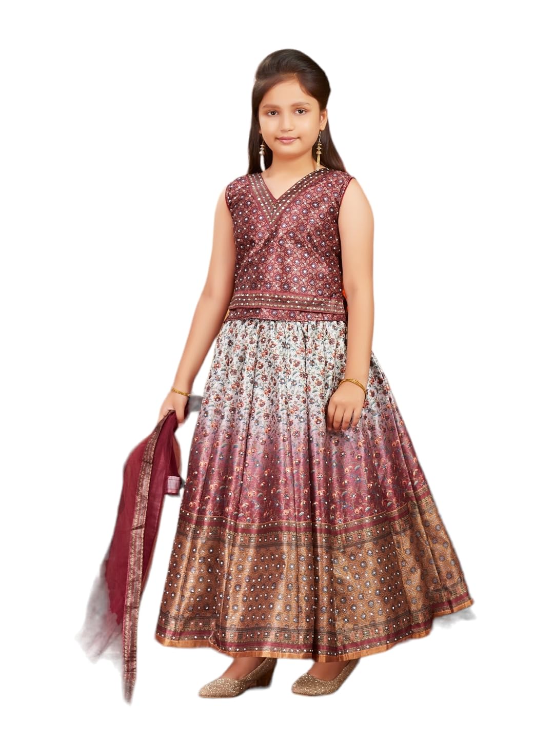 Aarika Girls Ethnic Wear Maroon Colour Embellished Silk Lehenga Choli Set (5-11 Years)