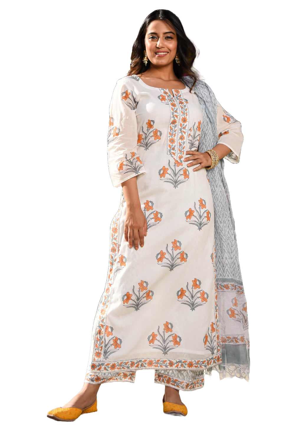KLOSIA Women Block Printed Kurta and Palazzo Set with Dupatta White