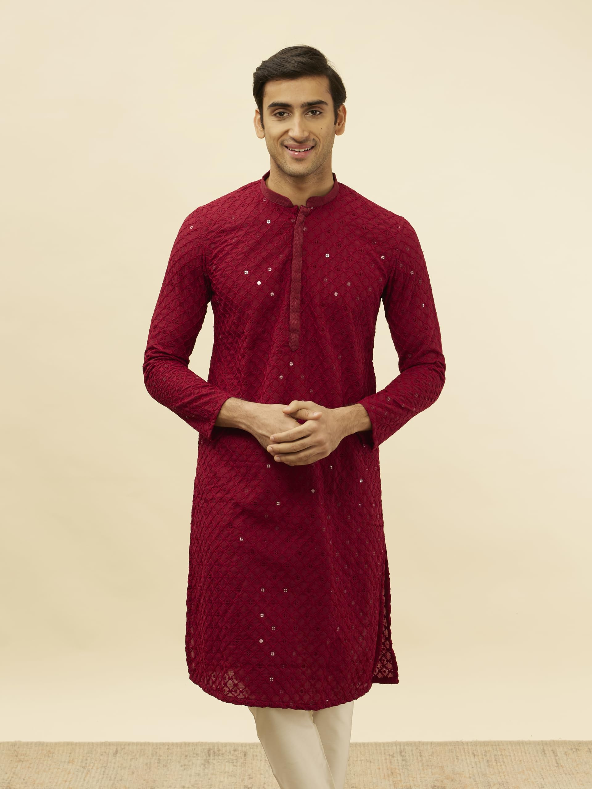 Manyavar Mens Cotton Blend Embroidered Kurta Pyjama Set