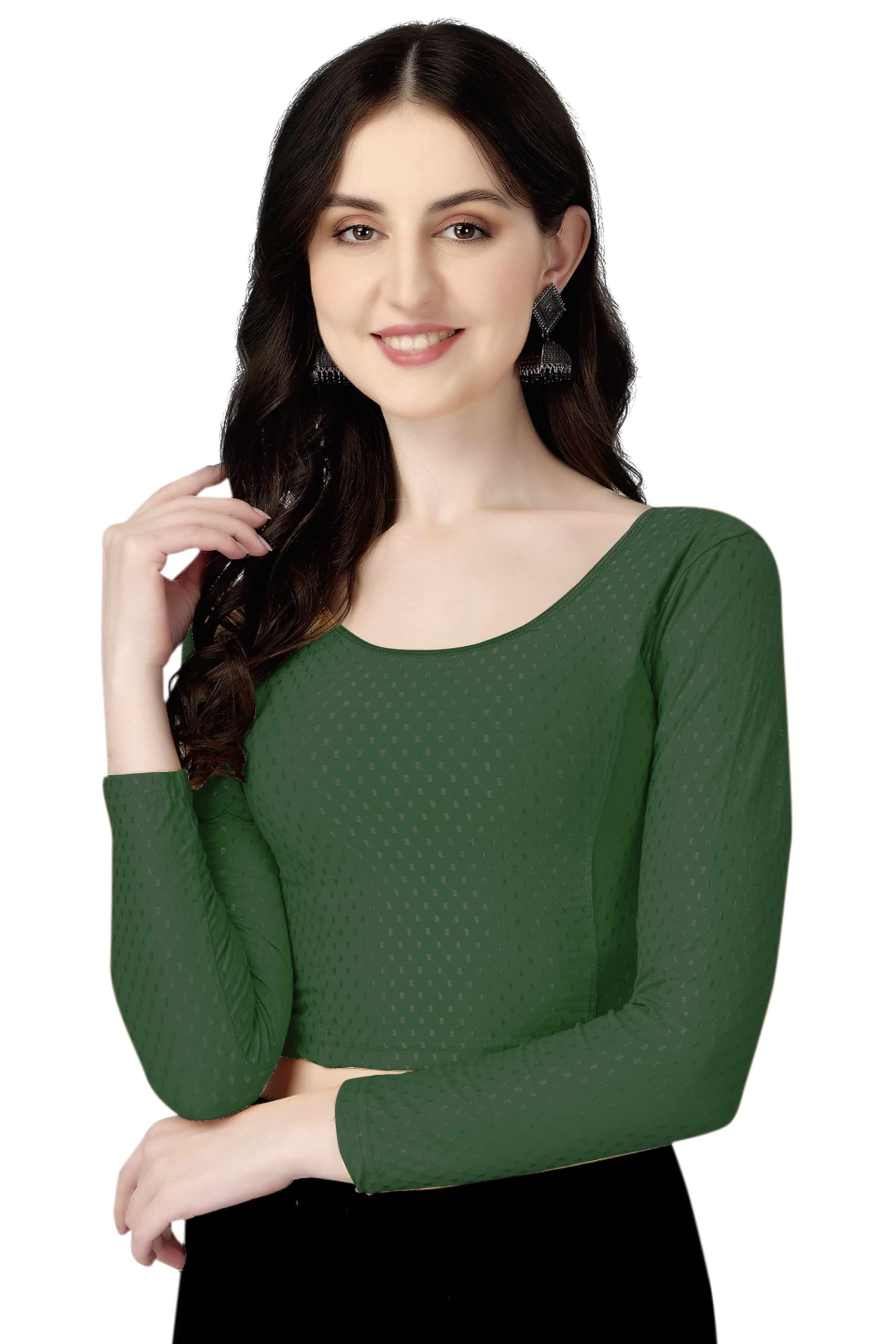 Shiv Textiles Round Neck Dobby Cotton Lycra Stretchable Elbow Sleeve Readymade Saree Blouse For Women Stylish (Greenfree Size Fu
