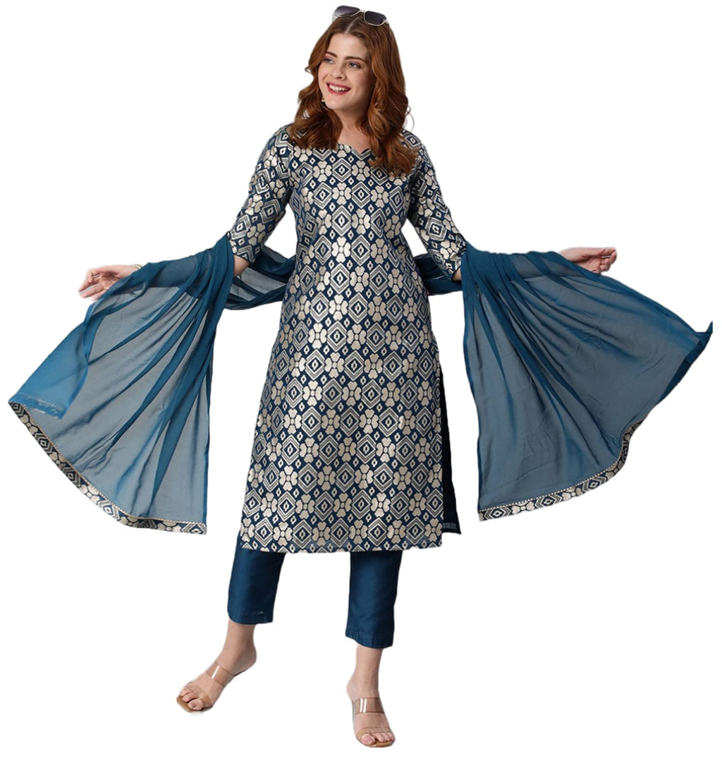 ANNI DESIGNER Womens Banarasi Woven Straight Embellished Printed Kurta with Pant & Dupatta (KABZAA-Cerosin-Nw_XL_Dark Blue_X-La