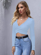 Shasmi Womens & Girls Sky Blue Full Sleeve, V-Neck, Ruched Bust Solid Tops for Women/Tops, T-Shirts for Girls (TOP 64 Sky Blue