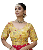 Pujia Mills Womens Blouse Readymade Blouse Embroidery Multi Coding Gold Thread Blouses Handwork Yellow Color Readymade Saree Bl