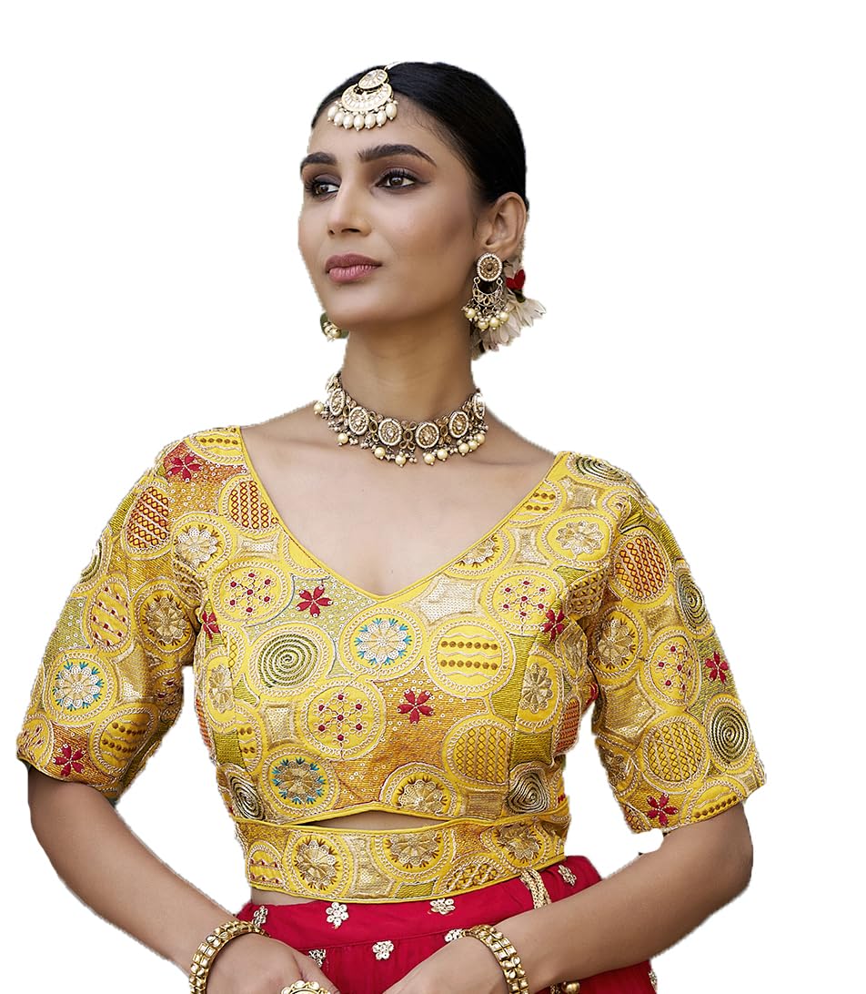 Pujia Mills Womens Blouse Readymade Blouse Embroidery Multi Coding Gold Thread Blouses Handwork Yellow Color Readymade Saree Bl