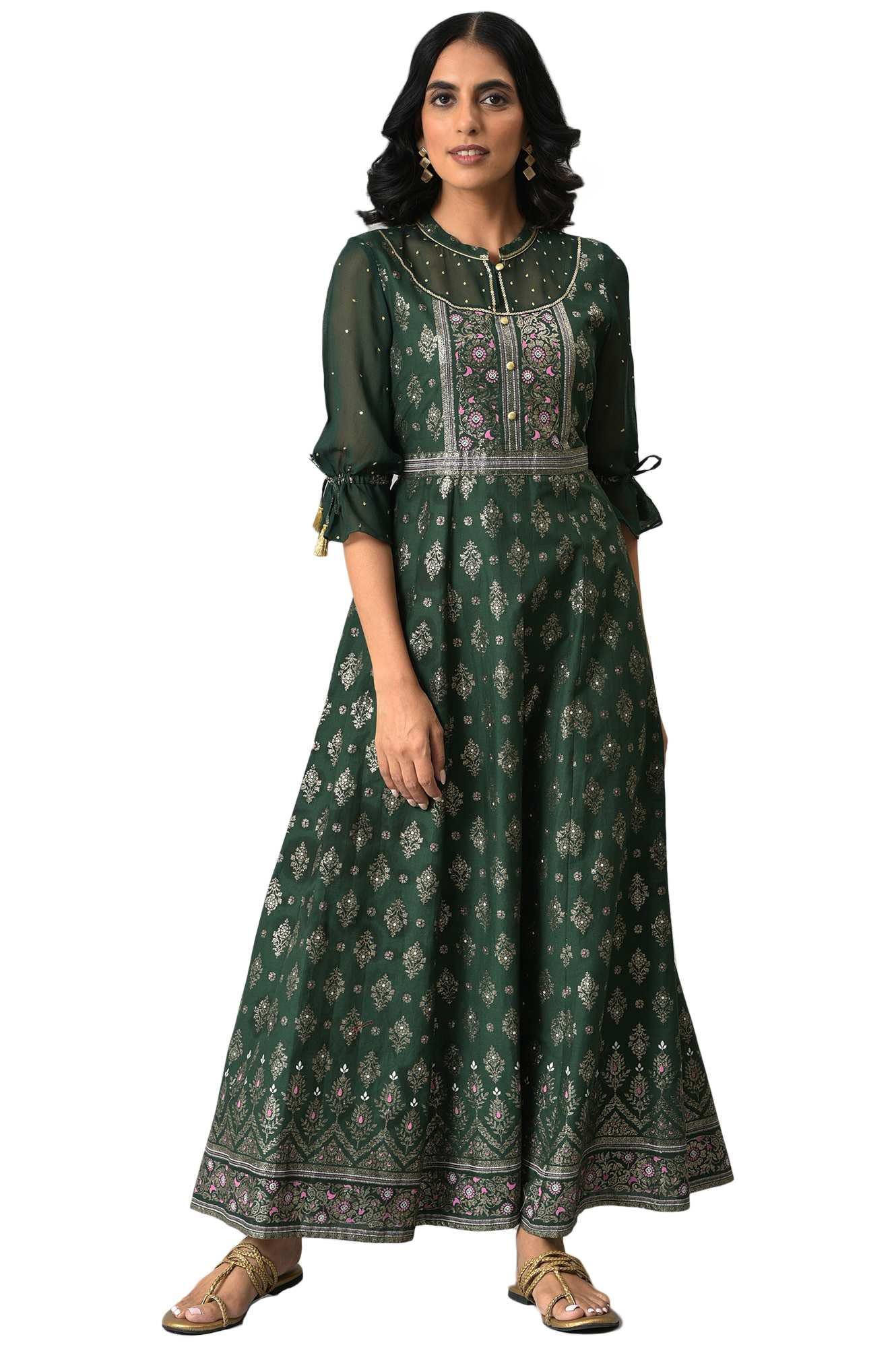 Aurelia Pink Foil Pattern Cotton Anarkali Kurta with Sequins