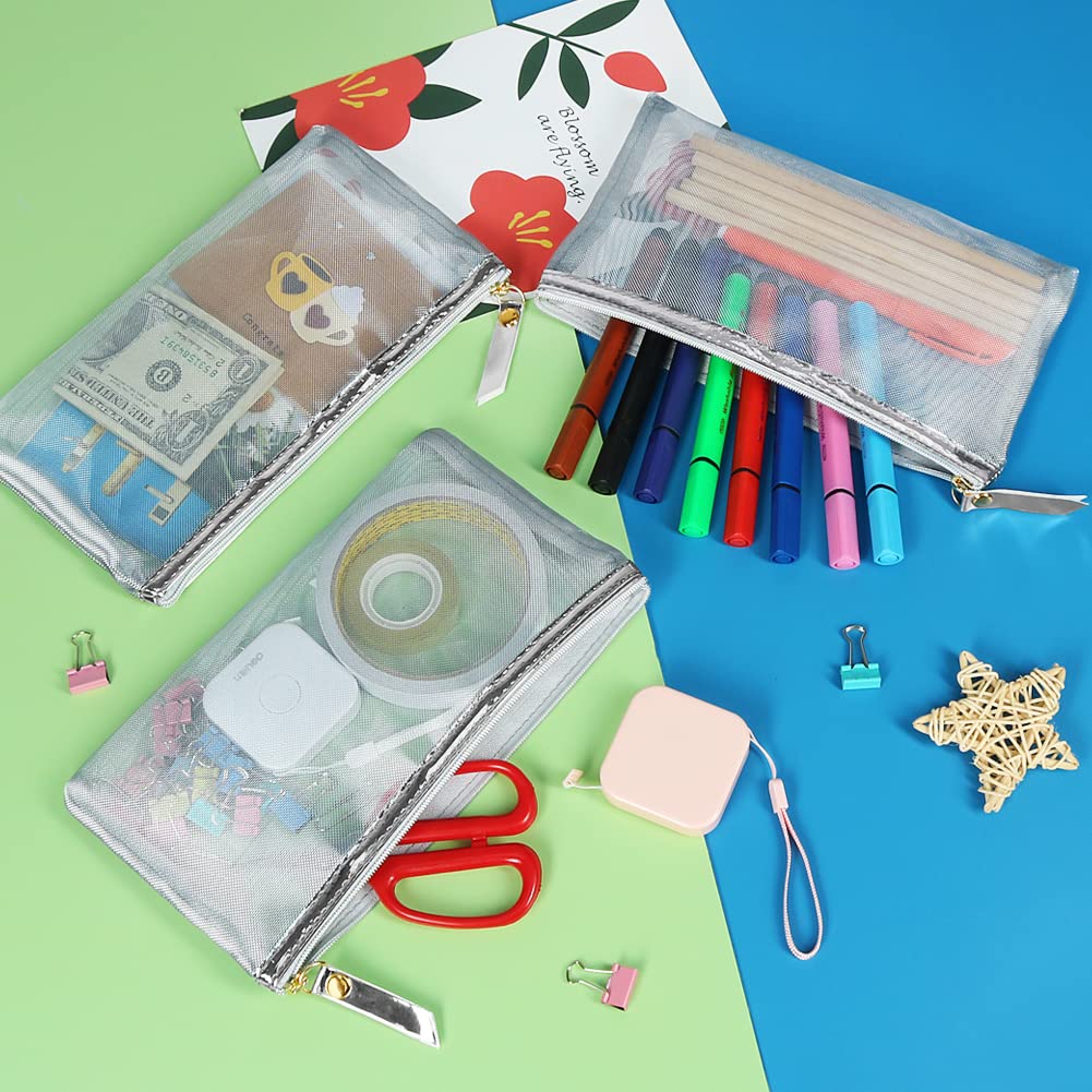 HRX Package Nylon Mesh Cosmetic Zipper Bags, Metallic Silver Makeup Pouches Travel Organizer Case for Purse Diaper Bag (4PCS)