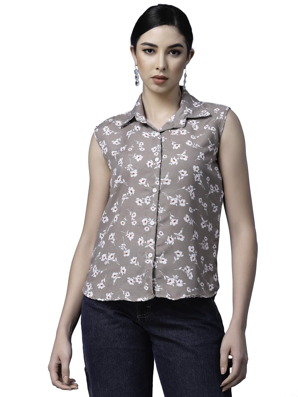 OOMPH! Summer Shirts for Women, Floral Printed, Brown
