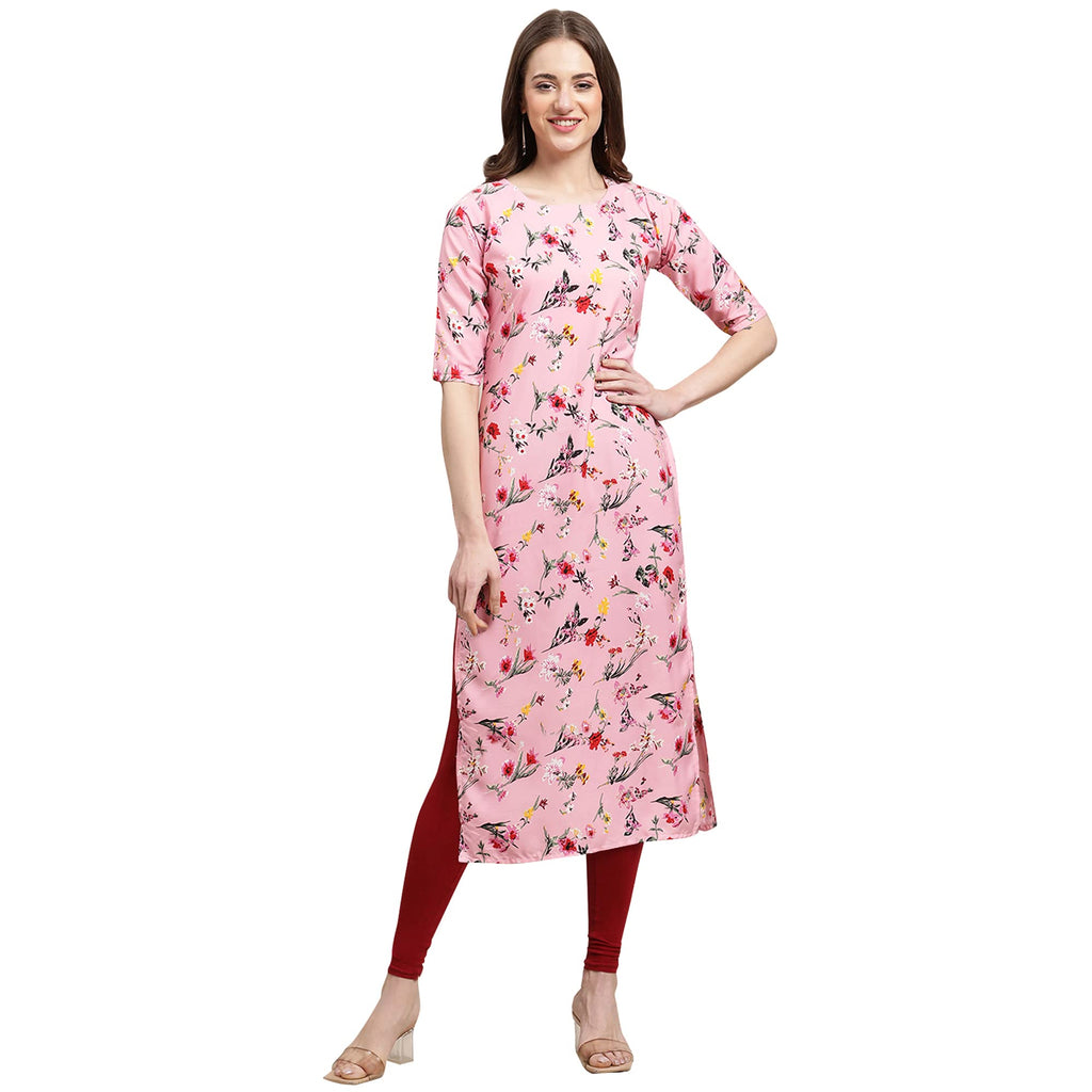 Pinkmint Womens Crepe Baby Pink Color Floral Printed Straight Kurti(MD-530339_L)