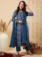 ANNI DESIGNER Womens Cotton Blend Printed Straight Kurta and Pant with Dupatta Set (KALEPING-KEROSIN-NW_M_Dark Blue_Medium)