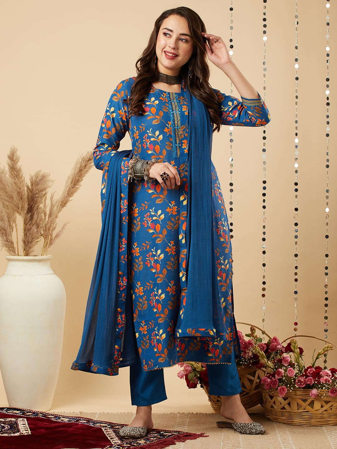ANNI DESIGNER Womens Cotton Blend Printed Straight Kurta and Pant with Dupatta Set (KALEPING-KEROSIN-NW_M_Dark Blue_Medium)