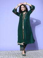 Varanga Women Blue Floral Printed Mandarin Collar Straight Kurta With Three-Quarter Sleeves, Paired With Solid Bottom And Printe