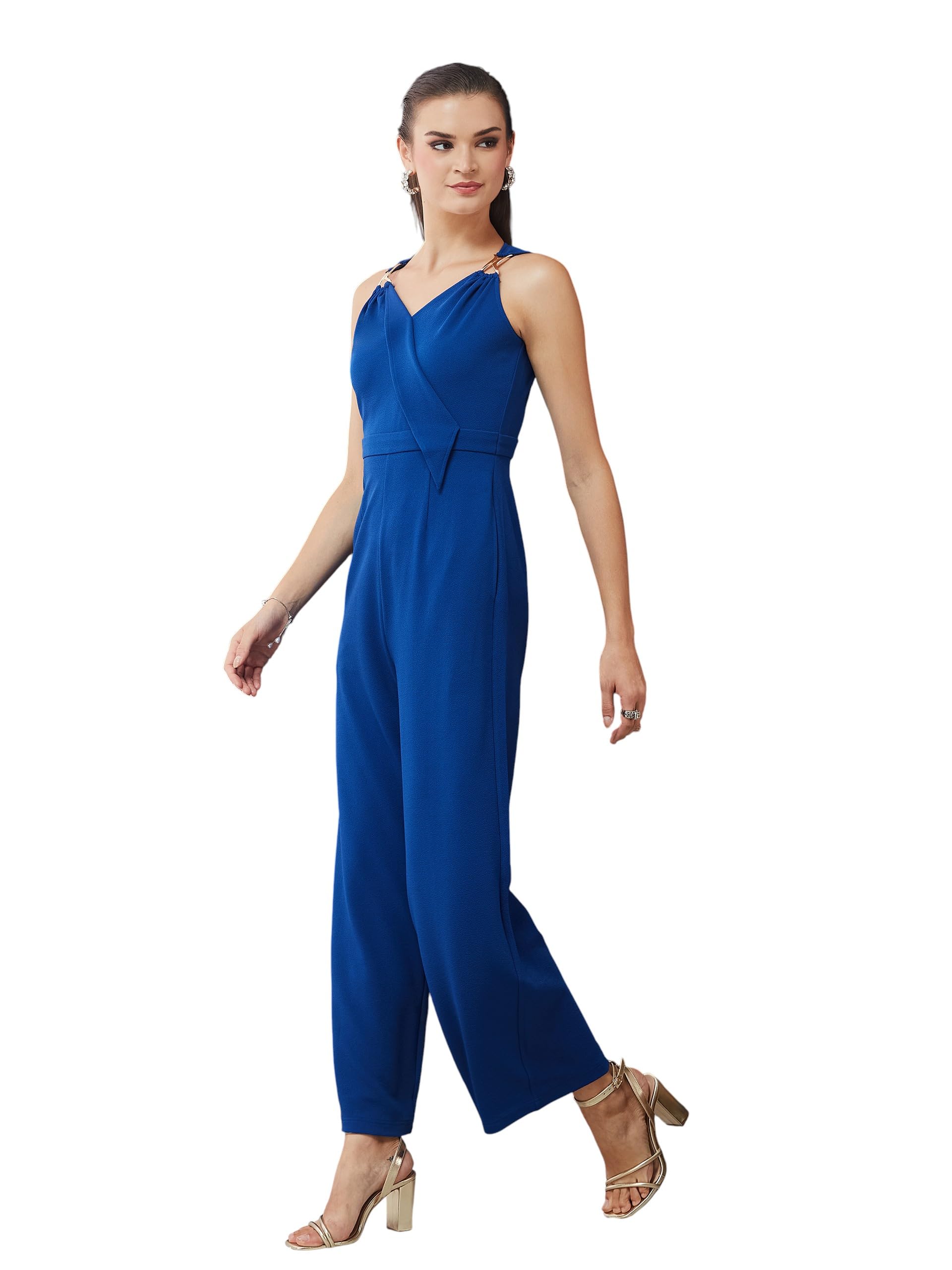 Miss Chase Womens V-Neck Sleeveless Solid Wrap/Straight Leg Regular Jumpsuit (MCAW19D08-48-229-05, Royal Blue, L)