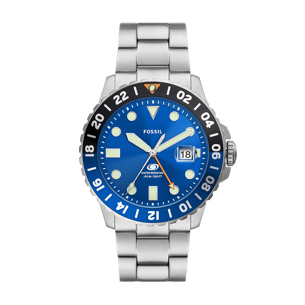 Fossil Men's Blue GMT Stainless Steel Dual Time Watch, Color: Silver (Model: FS5991)