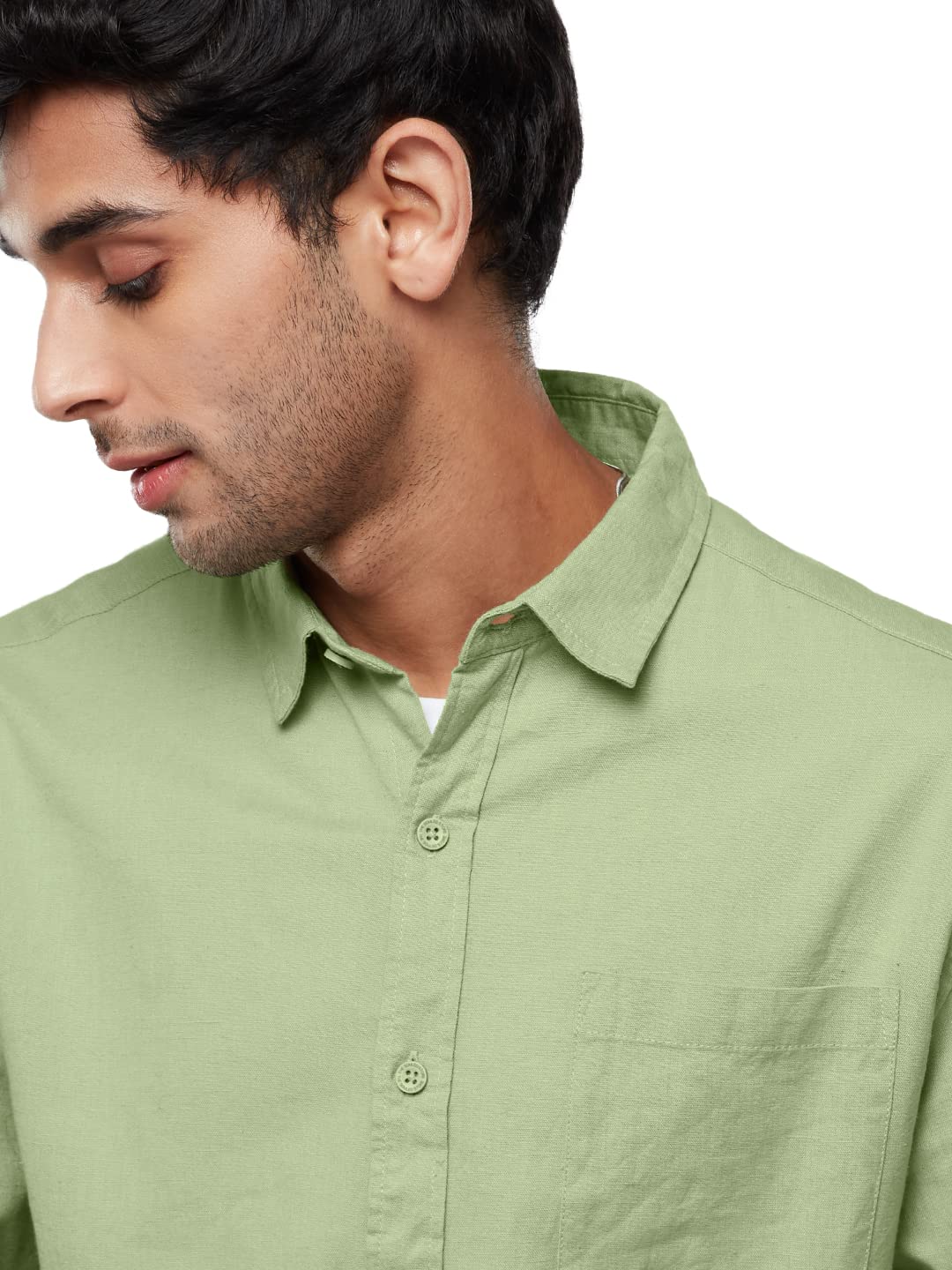 The Souled Store Solids: Pastel Lime Men and Boys Regular fit Solid Full Sleeve Cottonblend Green Color Cotton Linen Shirts (221