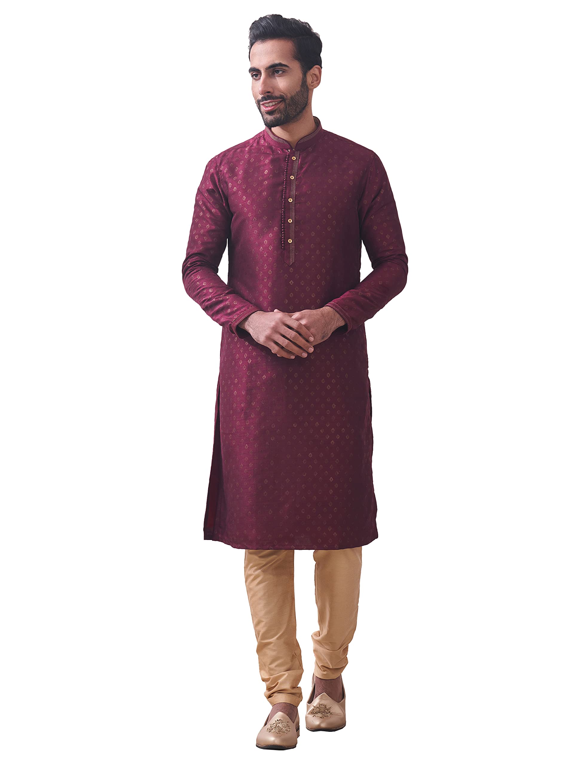 Manyavar Mens Royal Maroon Printed Kurta Set (2pcs) (Maroon,S)