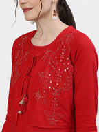 Ishin Women'S Pure Cotton Red Embroidered Straight Kurta Suit Set With Pants