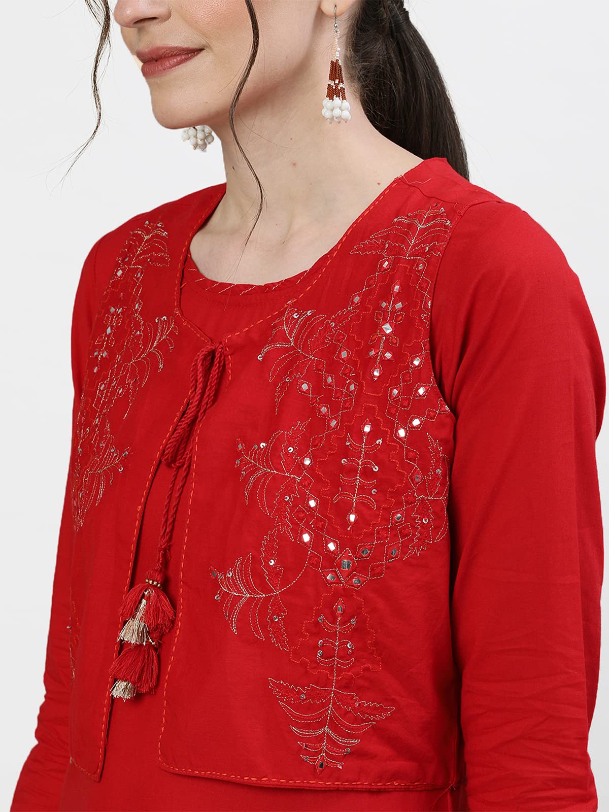 Ishin Women'S Pure Cotton Red Embroidered Straight Kurta Suit Set With Pants