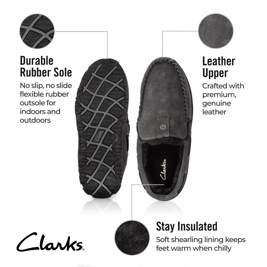 Clarks Mens Slippers Suede Venetian Moccasin Indoor & Outdoor Warm and Cozy House Slippers for Men (8 M US, Grey)