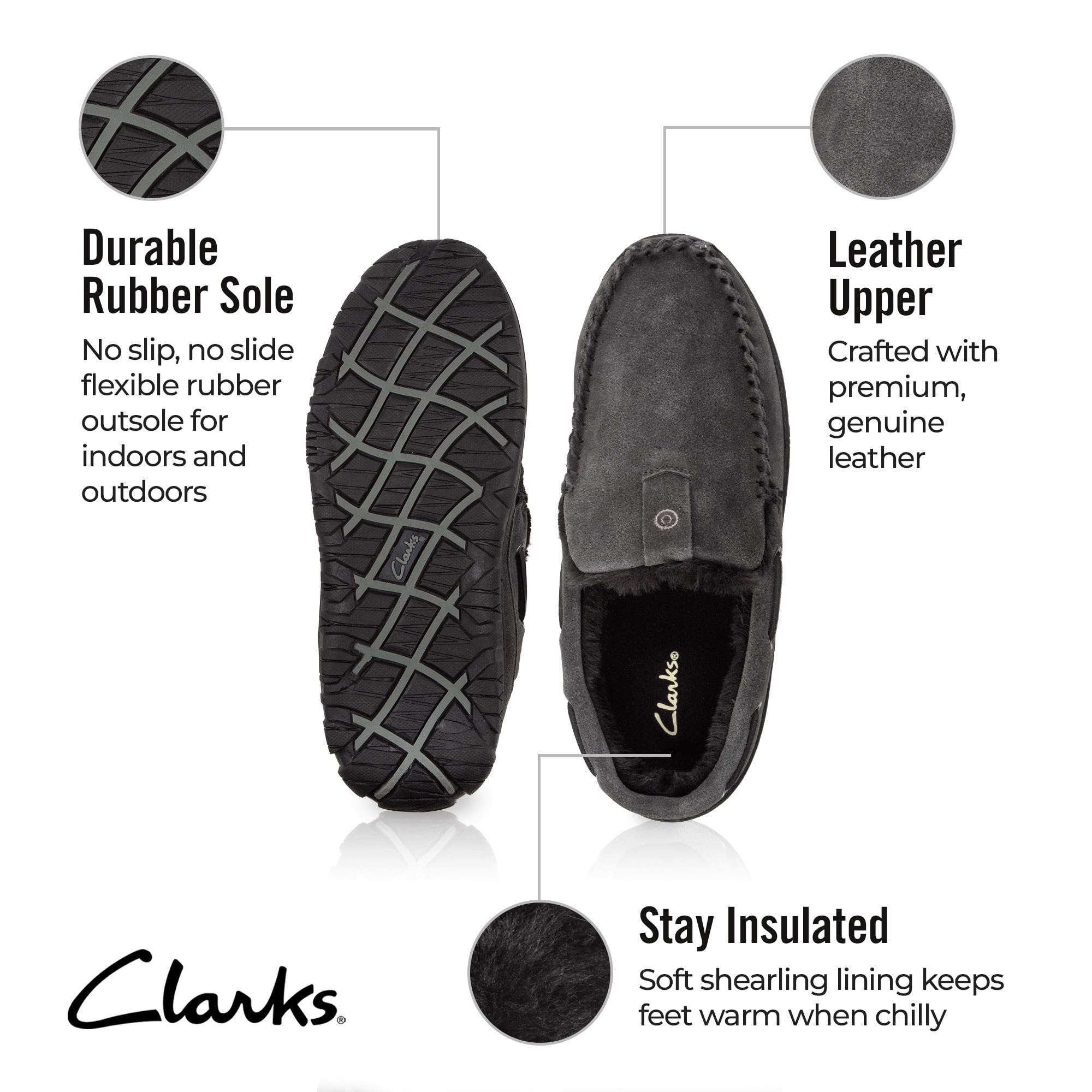 Clarks Mens Slippers Suede Venetian Moccasin Indoor & Outdoor Warm and Cozy House Slippers for Men (8 M US, Grey)